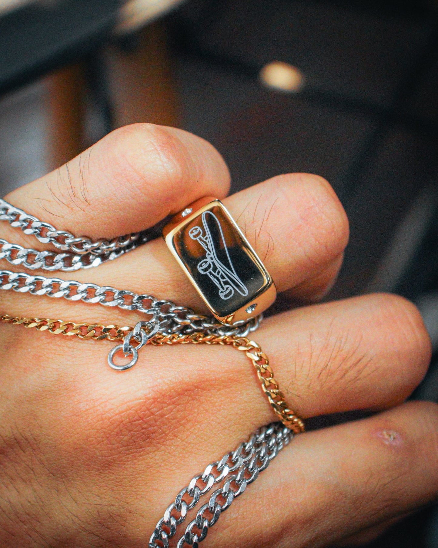 Skateboard Pendant & Ring Bundle (Gold)